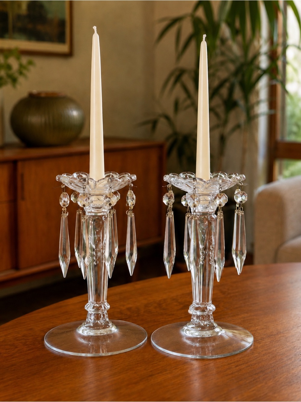 Vintage Glass Luster Candle Holders with Hanging Prisms – Pair